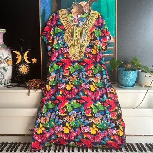 Vibrant Multicolor Maxi Dress with Butterflies and Gold Accents One Size - Picture 16 of 16